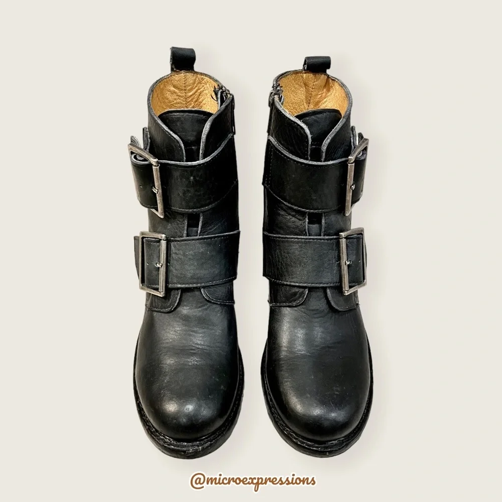 Frye Sabrina Double Buckle Vintage Academia Black Leather Block Heel Ankle Boot - Picture 11 of 16